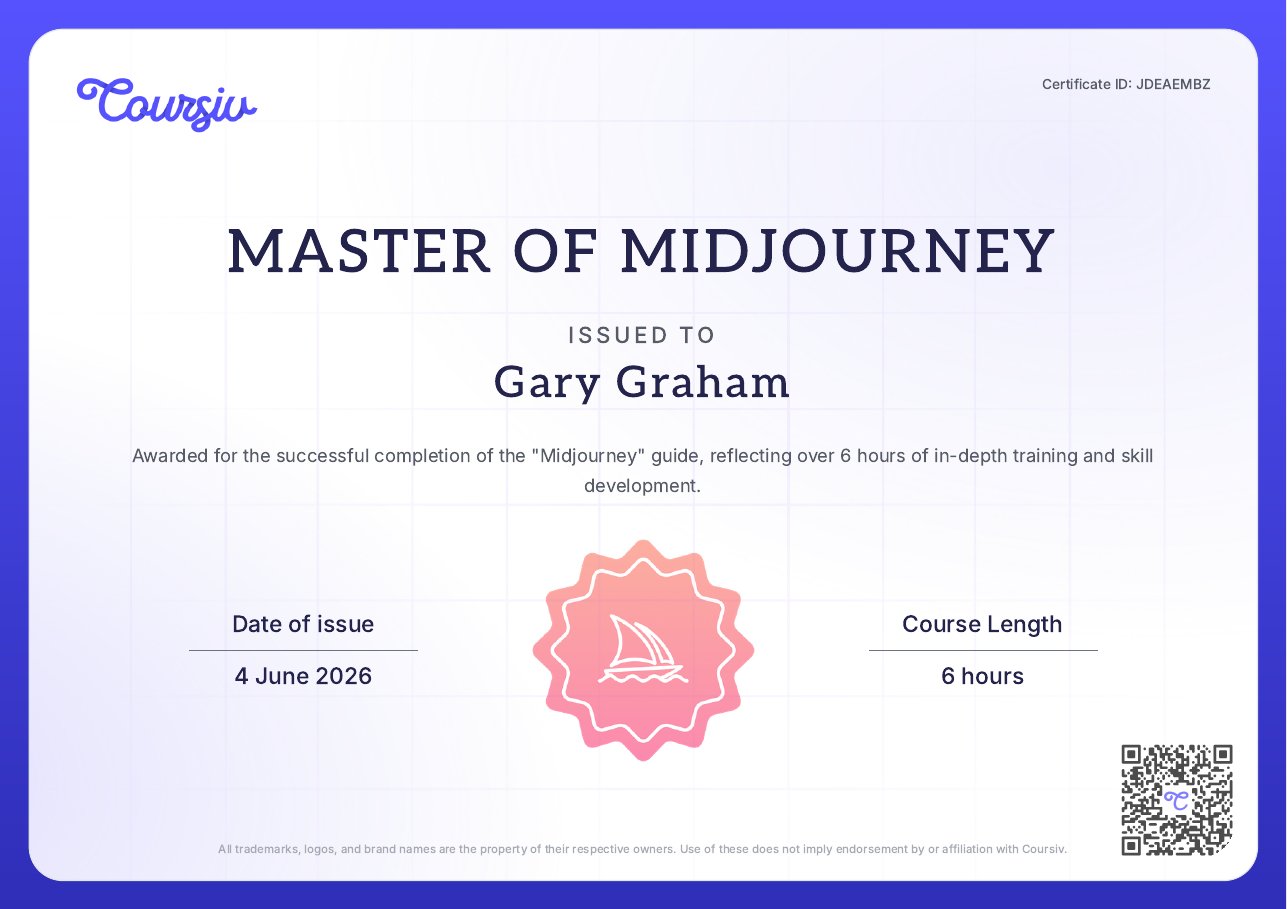 Coursiv Master of Midjourney certificate, Gary Graham