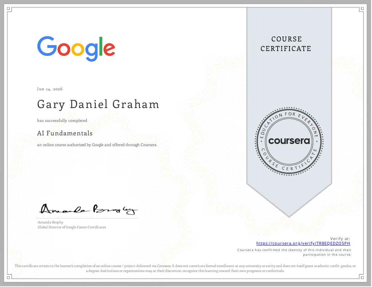 Google AI Fundamentals course certificate (Coursera), Gary Daniel Graham, Jun 14, 2026