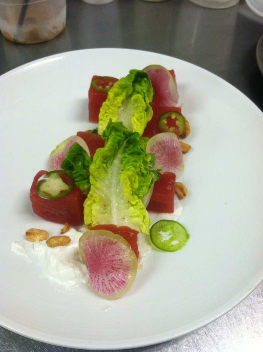 Watermelon salad with little gem lettuce, watermelon radish, jalapeño and peanuts
