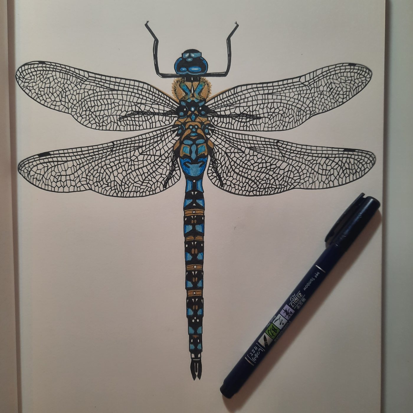 Detailed ink dragonfly with blue and gold body beside a brush pen