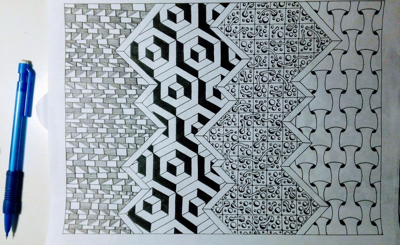 Ink drawing in vertical bands of bricks, 3D cubes, dotted tiles and interlocking shapes