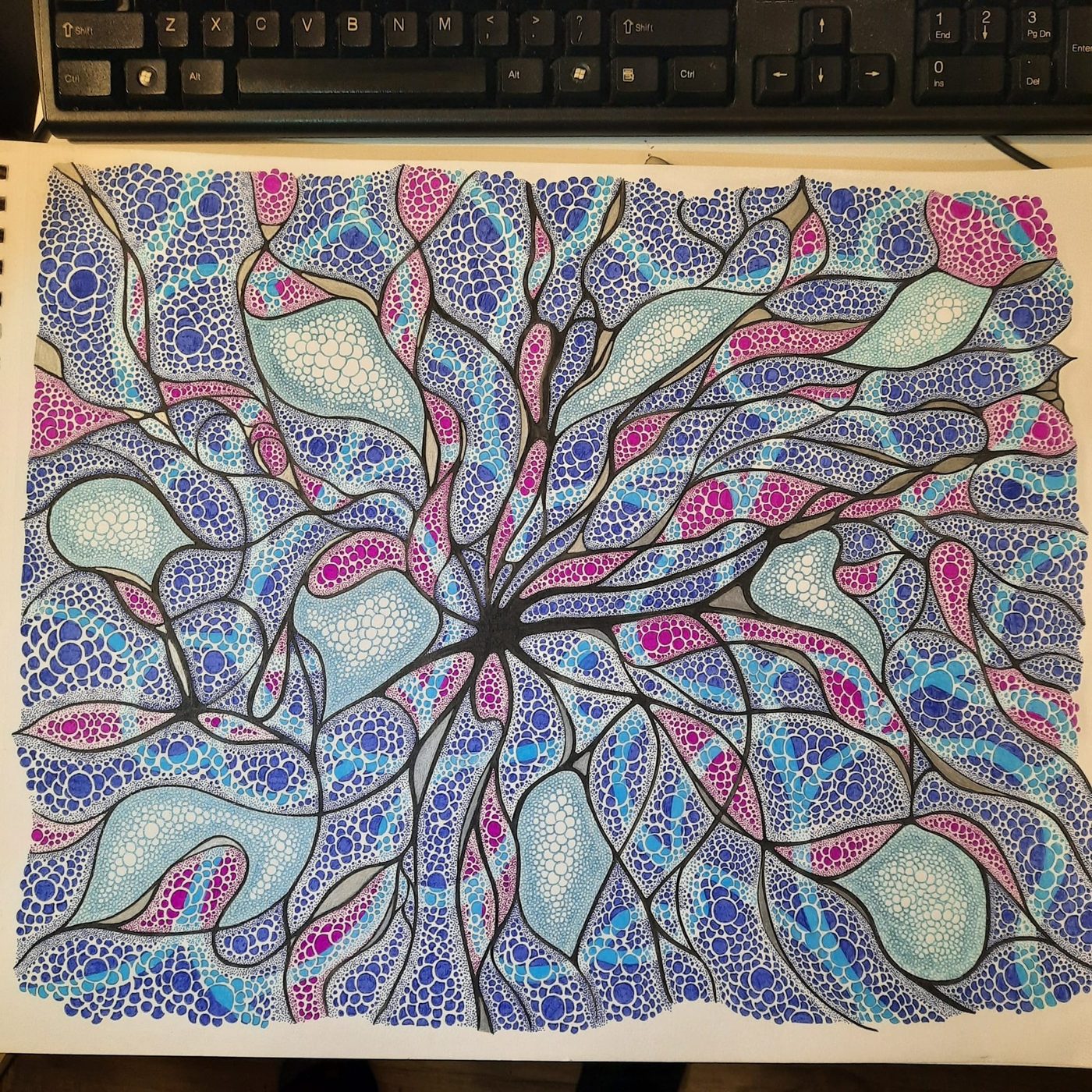 Neurographic drawing with blue, turquoise and magenta cells