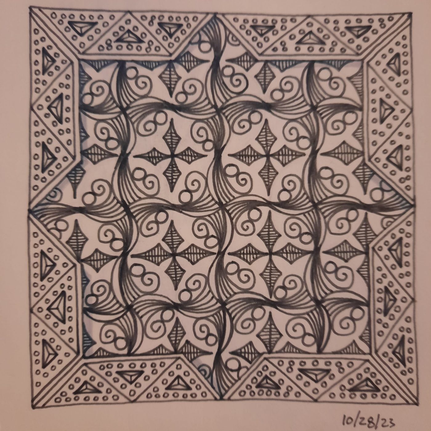 Square zentangle with a triangle border, dated 10/28/23