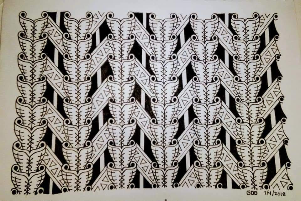 Zentangle drawing of stacked columns over black and white stripes, signed GDG 7/4/2018