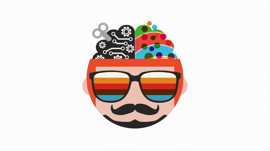 Cartoon mascot head with sunglasses and a mustache, its open top showing a brain of gears and colorful shapes